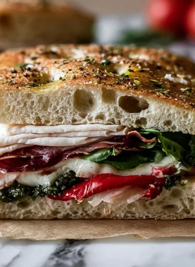 Delicious Italian Turkey Focaccia sandwich with fresh ingredients