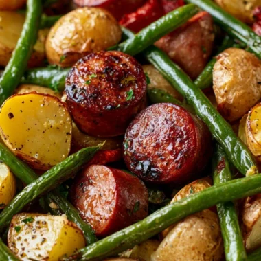 One pan meal featuring sausage, green beans, and potatoes cooked together.
