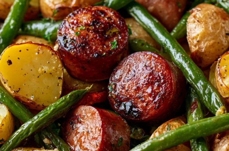 One pan meal featuring sausage, green beans, and potatoes cooked together.