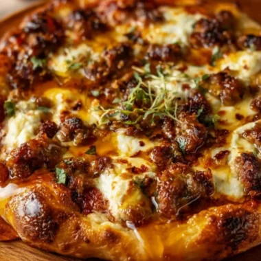 Sweet & Spicy Sausage Ricotta Honey Pizza with a drizzle of honey