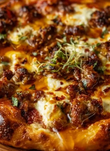 Sweet & Spicy Sausage Ricotta Honey Pizza with a drizzle of honey