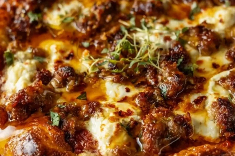 Sweet & Spicy Sausage Ricotta Honey Pizza with a drizzle of honey