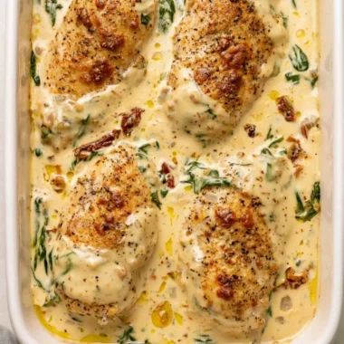 Delicious Baked Tuscan Chicken Breast served with herbs and cheese