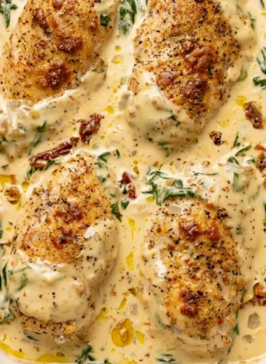 Delicious Baked Tuscan Chicken Breast served with herbs and cheese