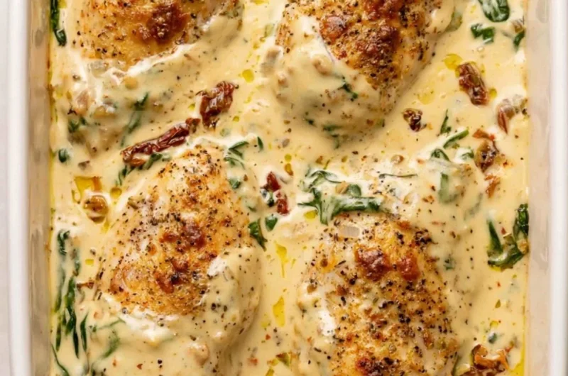 Delicious Baked Tuscan Chicken Breast served with herbs and cheese