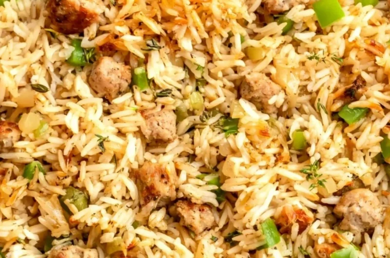 Plate of Cajun dirty rice with sausage garnished with green onions