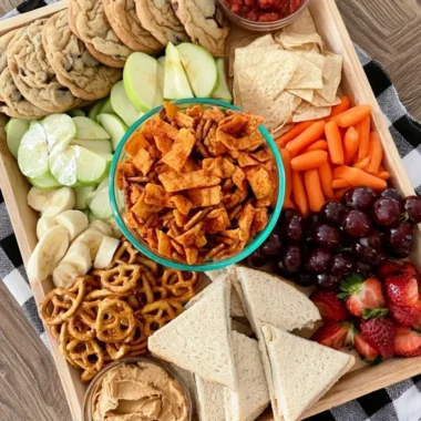 Cozy after school snack board with assorted treats for kids