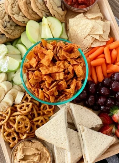 Cozy after school snack board with assorted treats for kids