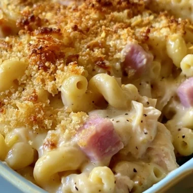 Delicious Chicken Cordon Bleu Casserole topped with melty cheese and crispy breadcrumbs.
