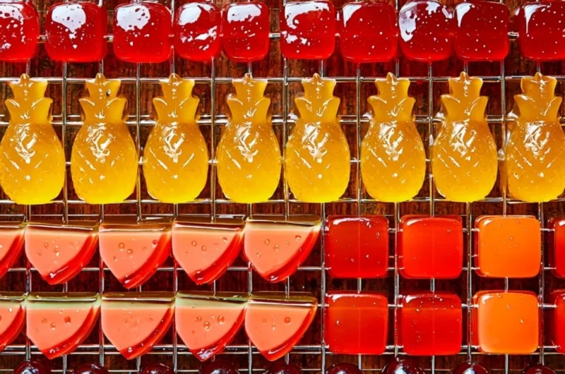 A bowl of colorful homemade fruit snacks made from fresh ingredients.