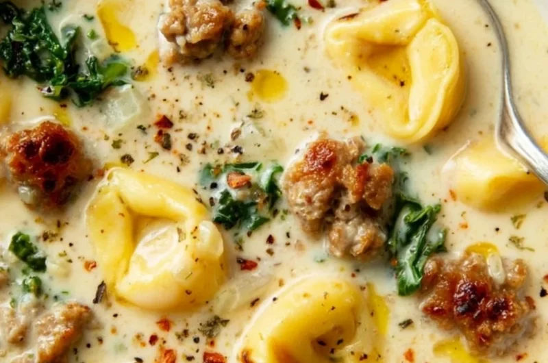 Bowl of creamy sausage tortellini soup garnished with fresh herbs