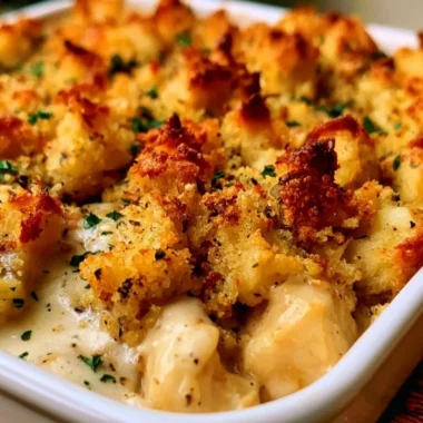 Delicious easy chicken casserole served in a ceramic dish