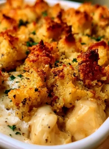 Delicious easy chicken casserole served in a ceramic dish