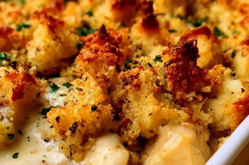 Delicious easy chicken casserole served in a ceramic dish