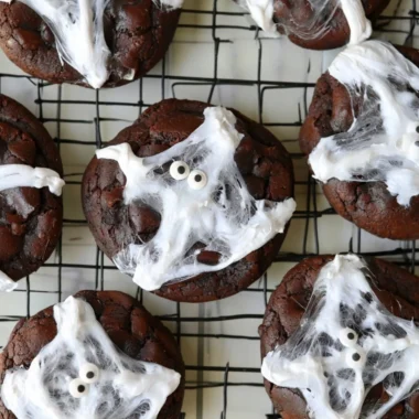 Halloween Double Chocolate Spider Web Cookies with spooky decoration