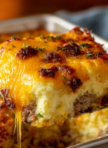 Sausage, Egg, and Cream Cheese Hashbrown Casserole served in a casserole dish