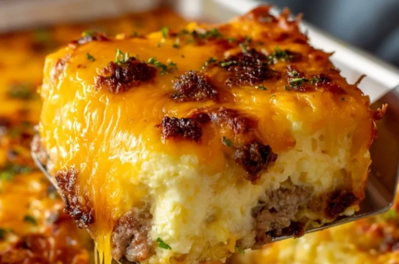 Sausage, Egg, and Cream Cheese Hashbrown Casserole served in a casserole dish