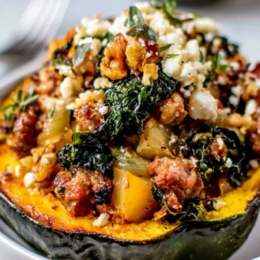 Stuffed acorn squash filled with turkey, cranberries, and rice ready to serve.