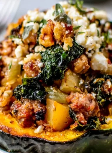 Stuffed acorn squash filled with turkey, cranberries, and rice ready to serve.