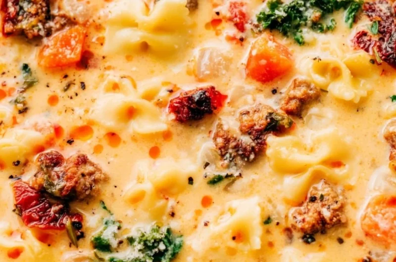 Delicious bowl of warm Italian sausage pasta soup served with fresh herbs.
