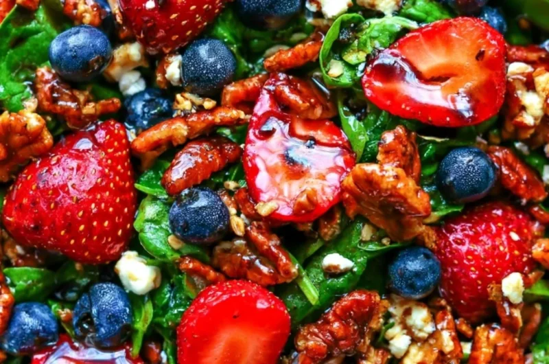 Delicious strawberry spinach salad with blueberries, pecans, and feta cheese in balsamic glaze.