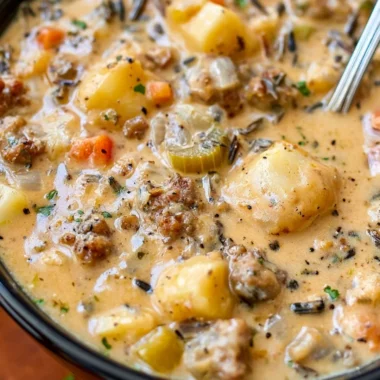 Creamy potato and sausage soup served in a bowl with fresh herbs on top
