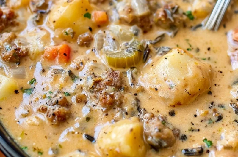 Creamy potato and sausage soup served in a bowl with fresh herbs on top