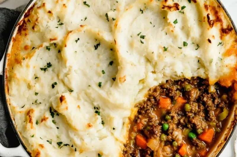 Delicious Shepherd's Pie fresh out of the oven, topped with creamy mashed potatoes.