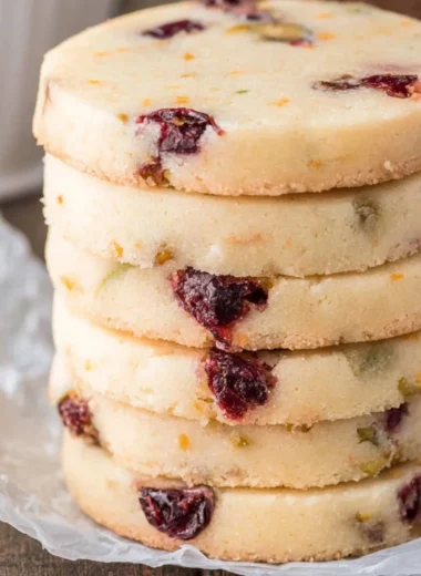 Delicious cranberry pistachio shortbread cookies on a plate