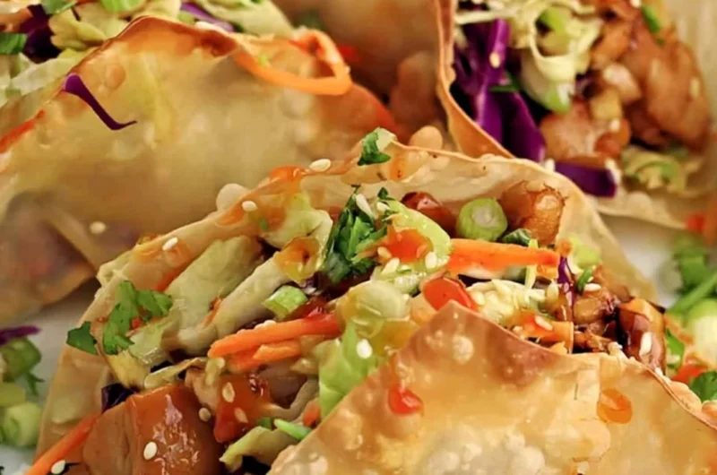 Crispy Chicken Wonton Tacos served with fresh toppings and sauces