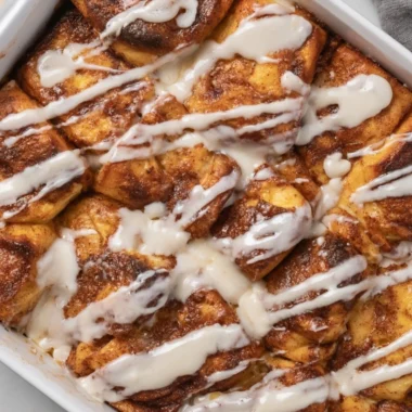 Easy Cinnamon Roll Casserole baked with gooey cinnamon and icing, perfect for Christmas morning.