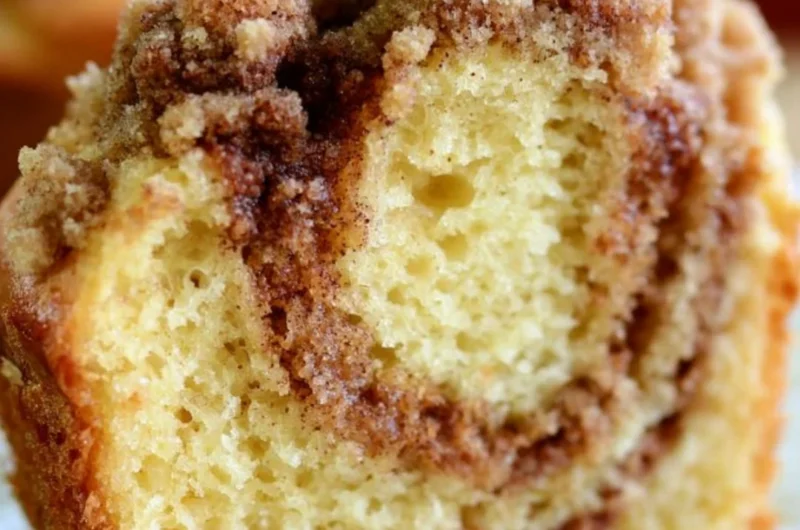 Easy coffee cake made with box cake mix, topped with crumble and icing.