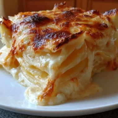 Delicious creamy cheesy scalloped potatoes dish served warm