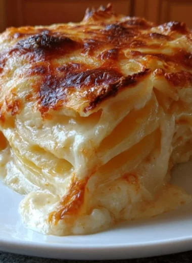 Delicious creamy cheesy scalloped potatoes dish served warm