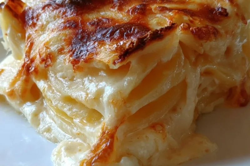 Delicious creamy cheesy scalloped potatoes dish served warm