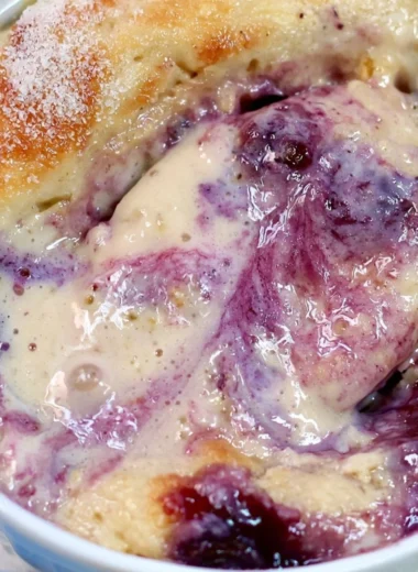 Healthy blueberry protein baked oats with no added sugar in a bowl