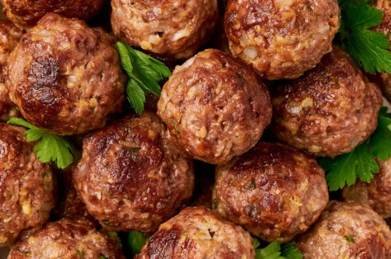Homemade meatballs prepared and ready for freezing, served with marinara sauce.