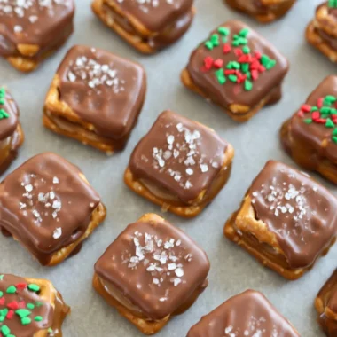 Chocolate-covered salted caramel pretzels for holiday snacks and desserts