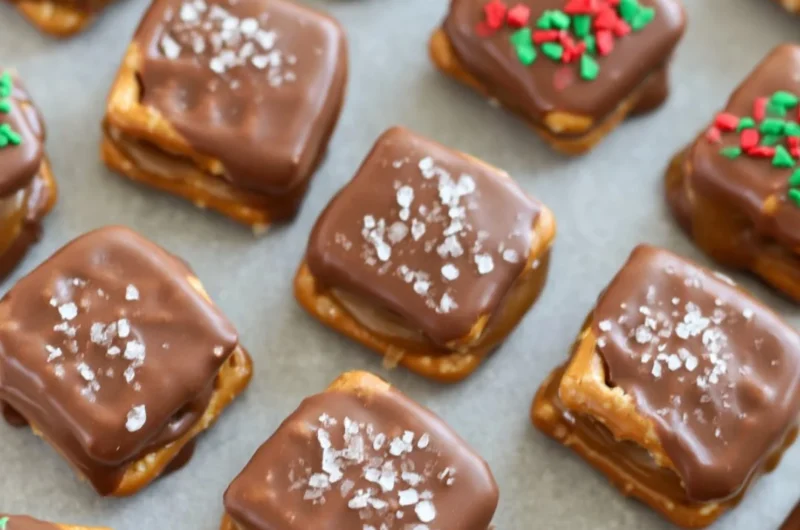 Chocolate-covered salted caramel pretzels for holiday snacks and desserts