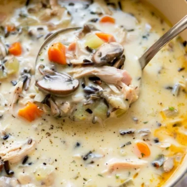 Bowl of leftover turkey wild rice soup garnished with herbs