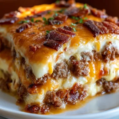 Low-Carb Bacon Cheeseburger Casserole topped with cheese and crispy bacon