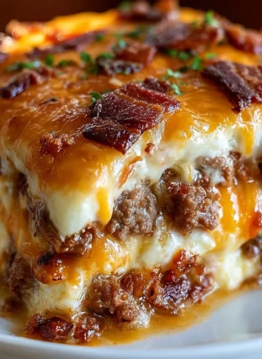 Low-Carb Bacon Cheeseburger Casserole topped with cheese and crispy bacon