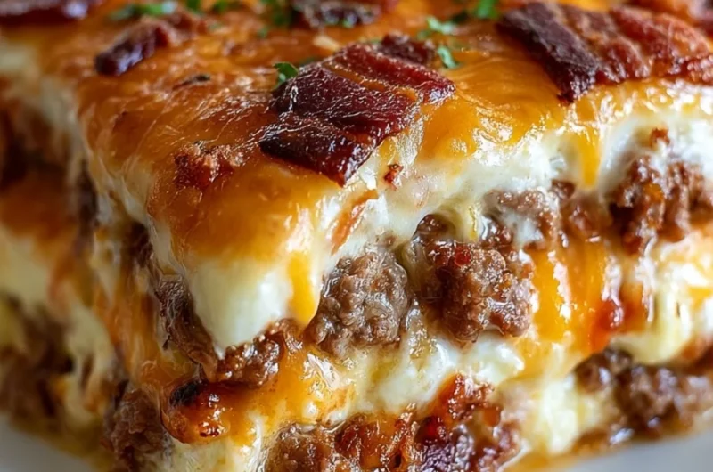 Low-Carb Bacon Cheeseburger Casserole topped with cheese and crispy bacon