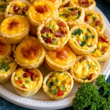 Delicious homemade mini quiches baked in a muffin tin, ideal for snacks or parties.