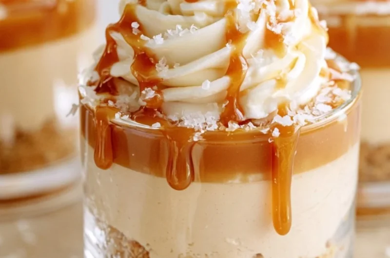 No-bake salted caramel cheesecake cups served as a party dessert.