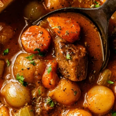 Hearty old fashioned beef stew with tender beef and vegetables in a rich broth