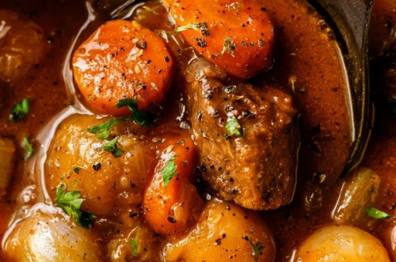 Hearty old fashioned beef stew with tender beef and vegetables in a rich broth