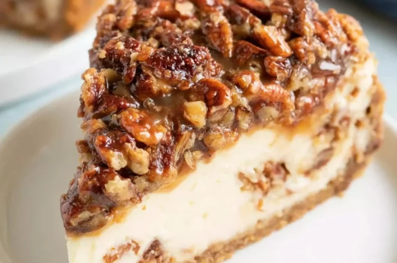 Delicious slice of pecan pie cheesecake topped with caramel and pecans