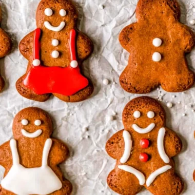 Soft and chewy gingerbread man cookies freshly baked and decorated