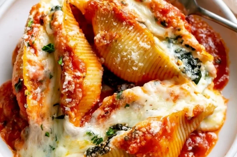 Delicious stuffed shells topped with marinara sauce and cheese